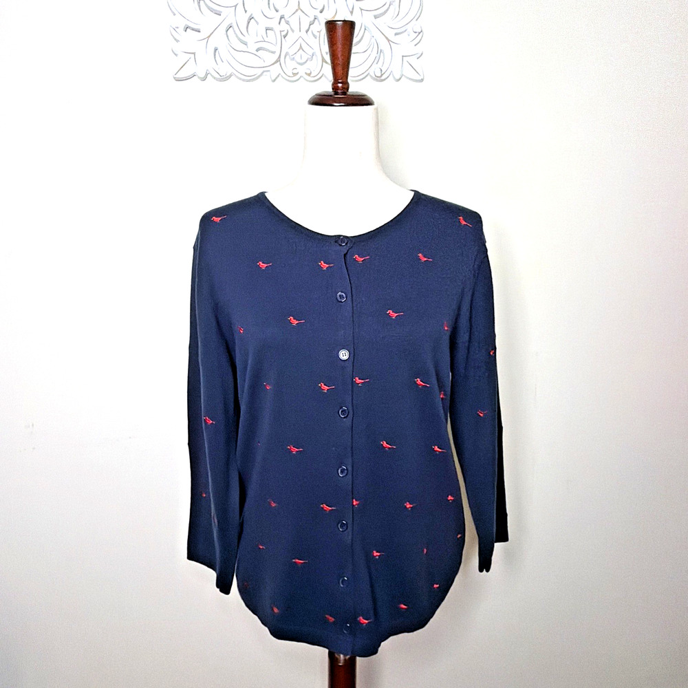 BAXTER & WELLS size Medium Blue Sweater Cardigan Red Cardinals 100% Cotton - Picture 2 of 8